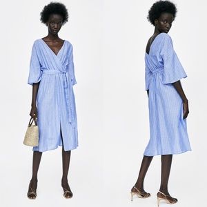 Zara | Blue Striped Belted Midi Dress XS